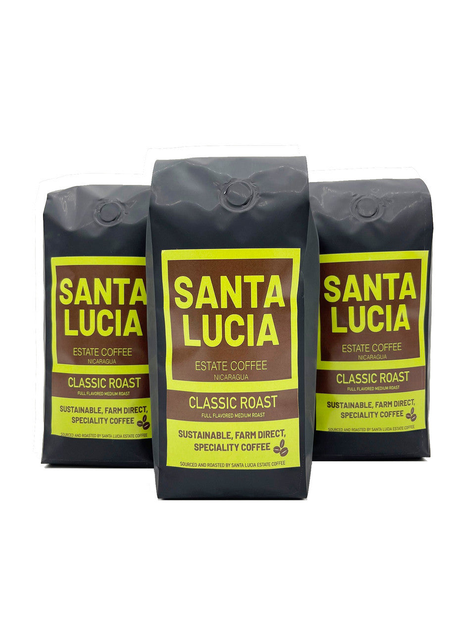 Three 16 ounce bags of Santa Lucia Estate Coffee's Premium Classic Roast Coffee