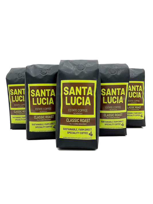 Five 16 ounce bags of Santa Lucia Estate Coffee's Premium Classic Roast Coffee