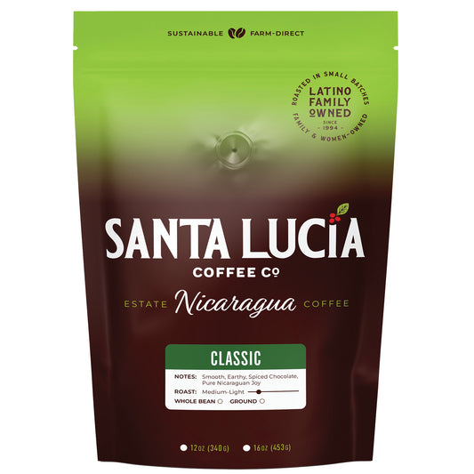 One 16 ounce bag of Santa Lucia Coffee's Premium Single Origin Nicaraguan Classic Roast Coffee