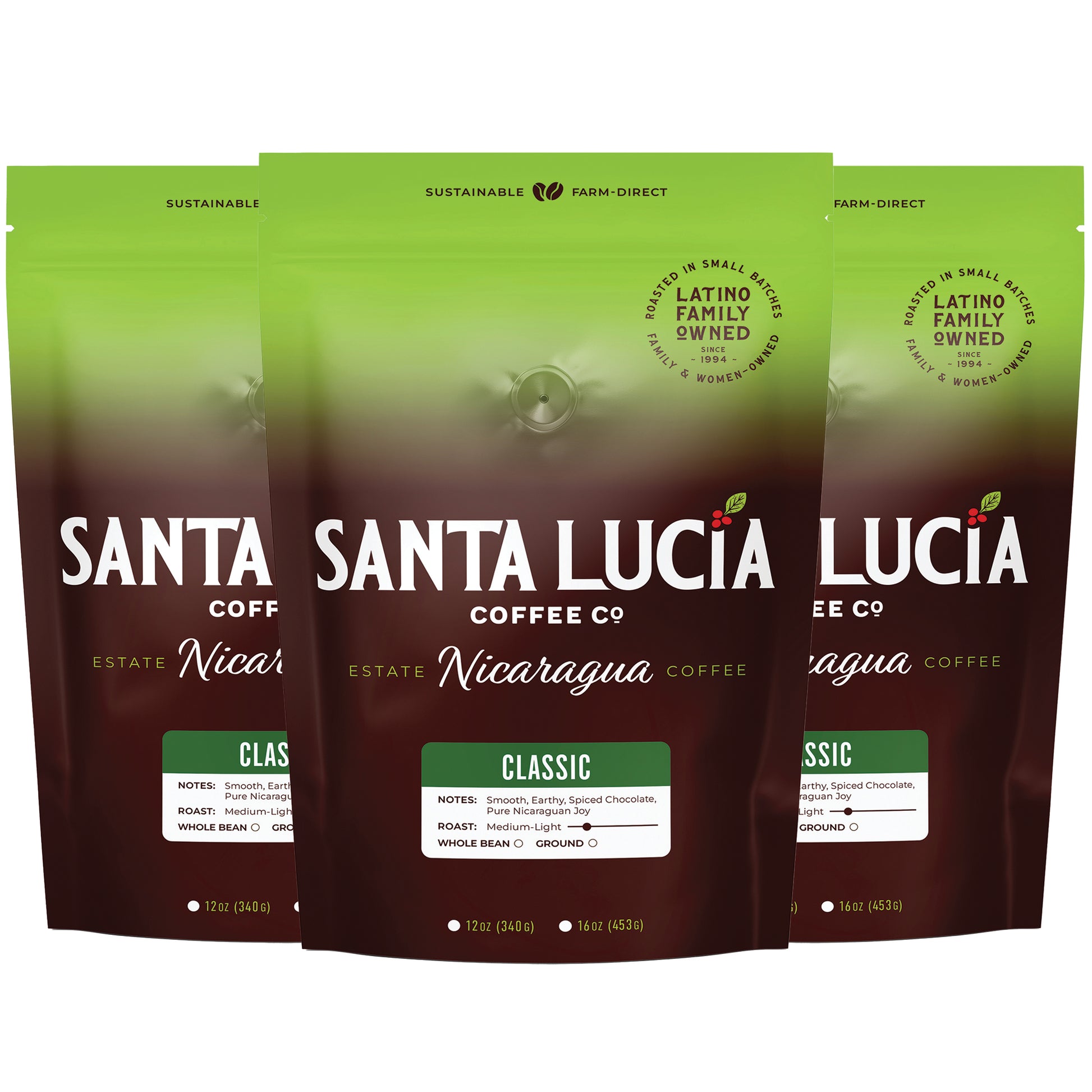 Three 16 ounce bag of Santa Lucia Coffee's Premium Single Origin Nicaraguan Classic Roast Coffee