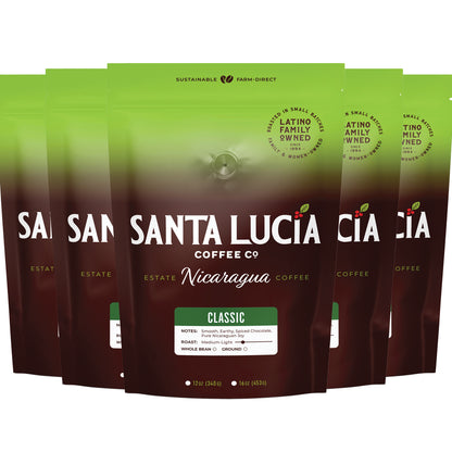 Five 16 ounce bag of Santa Lucia Coffee's Premium Single Origin Nicaraguan Classic Roast Coffee