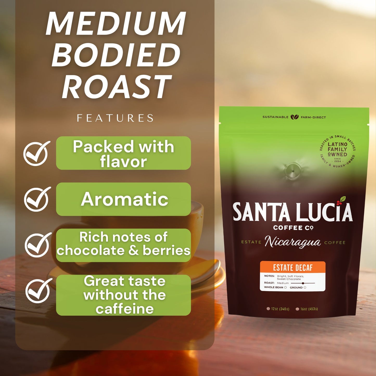 Santa Lucia Coffee's Premium Single Origin Nicaraguan Decaf Roast Coffee