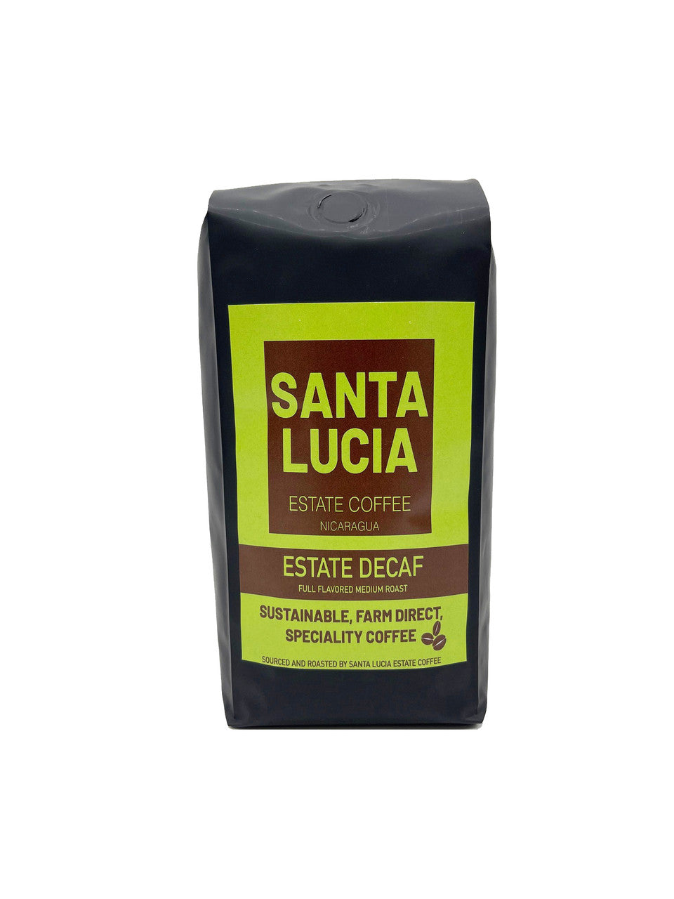 One 16 ounce bags of Santa Lucia Estate Coffee's Premium Nicaraguan Decaf Roast Coffee