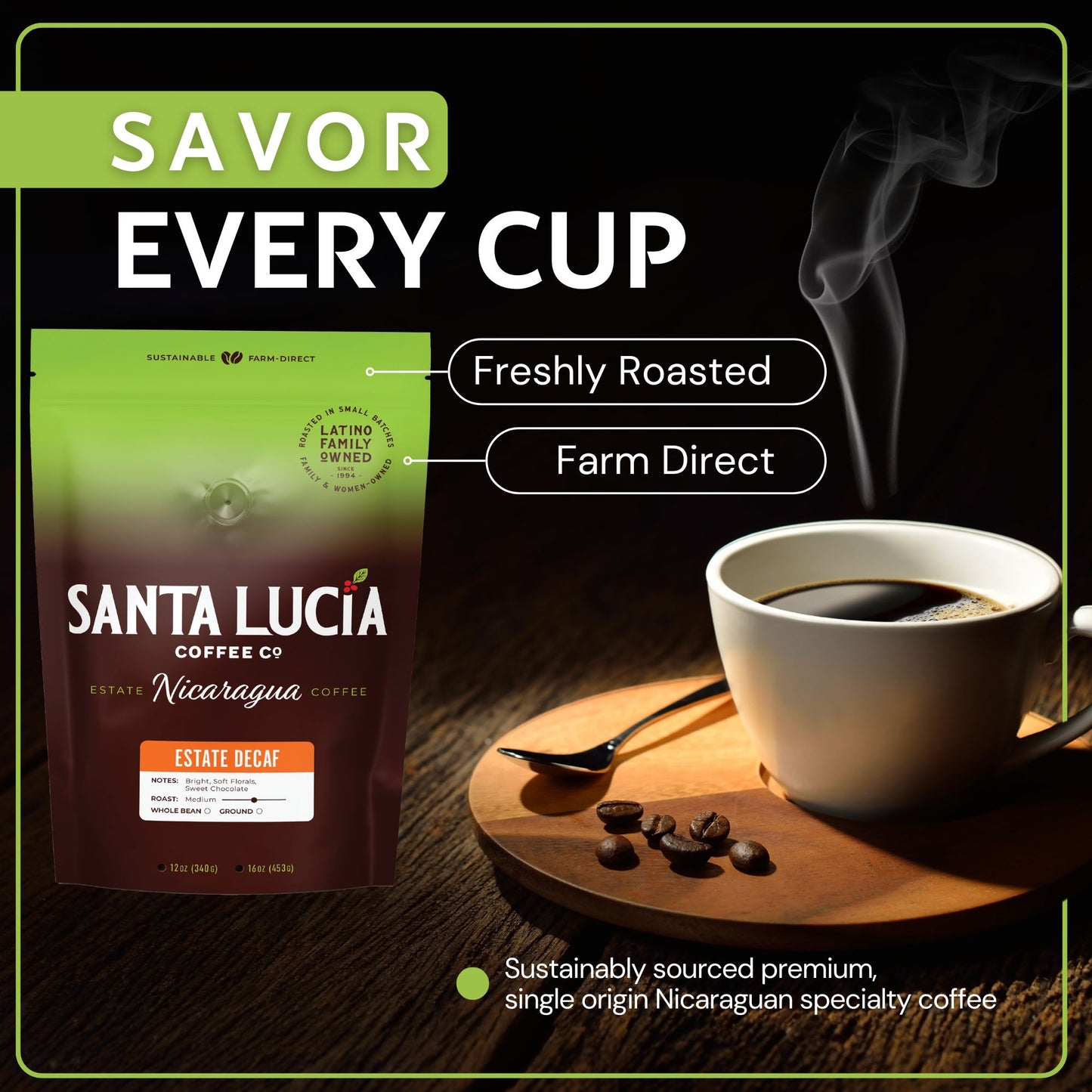 Santa Lucia Coffee's Premium Single Origin Nicaraguan Decaf Roast Coffee