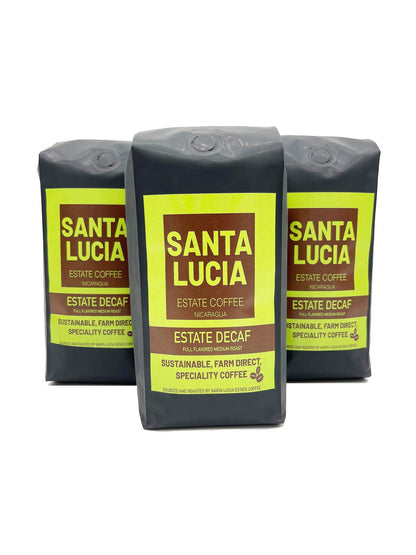 Three 16 ounce bags of Santa Lucia Estate Coffee's Premium Nicaraguan Decaf Roast Coffee