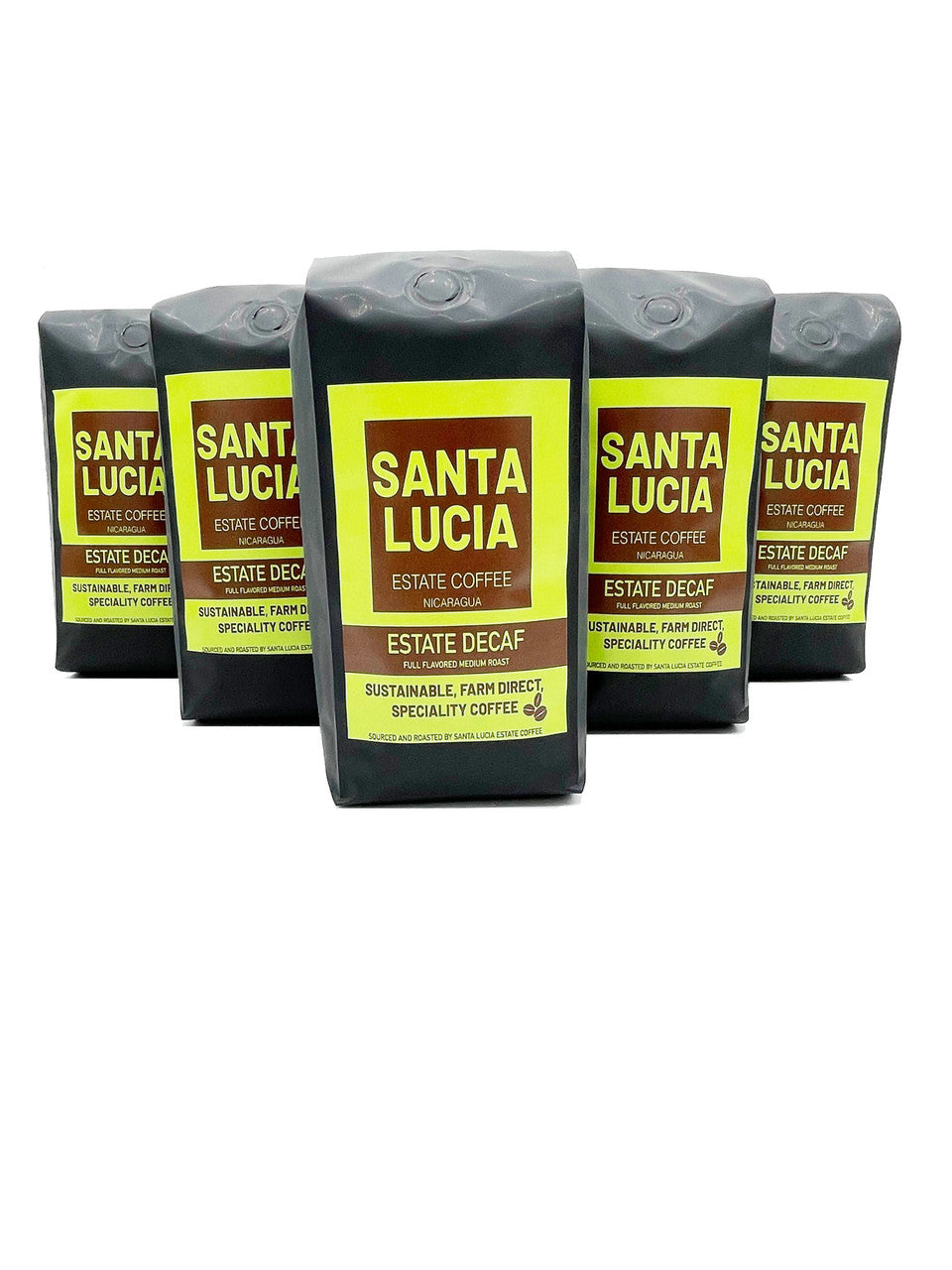 Five 16 ounce bags of Santa Lucia Estate Coffee's Premium Nicaraguan Decaf Roast Coffee