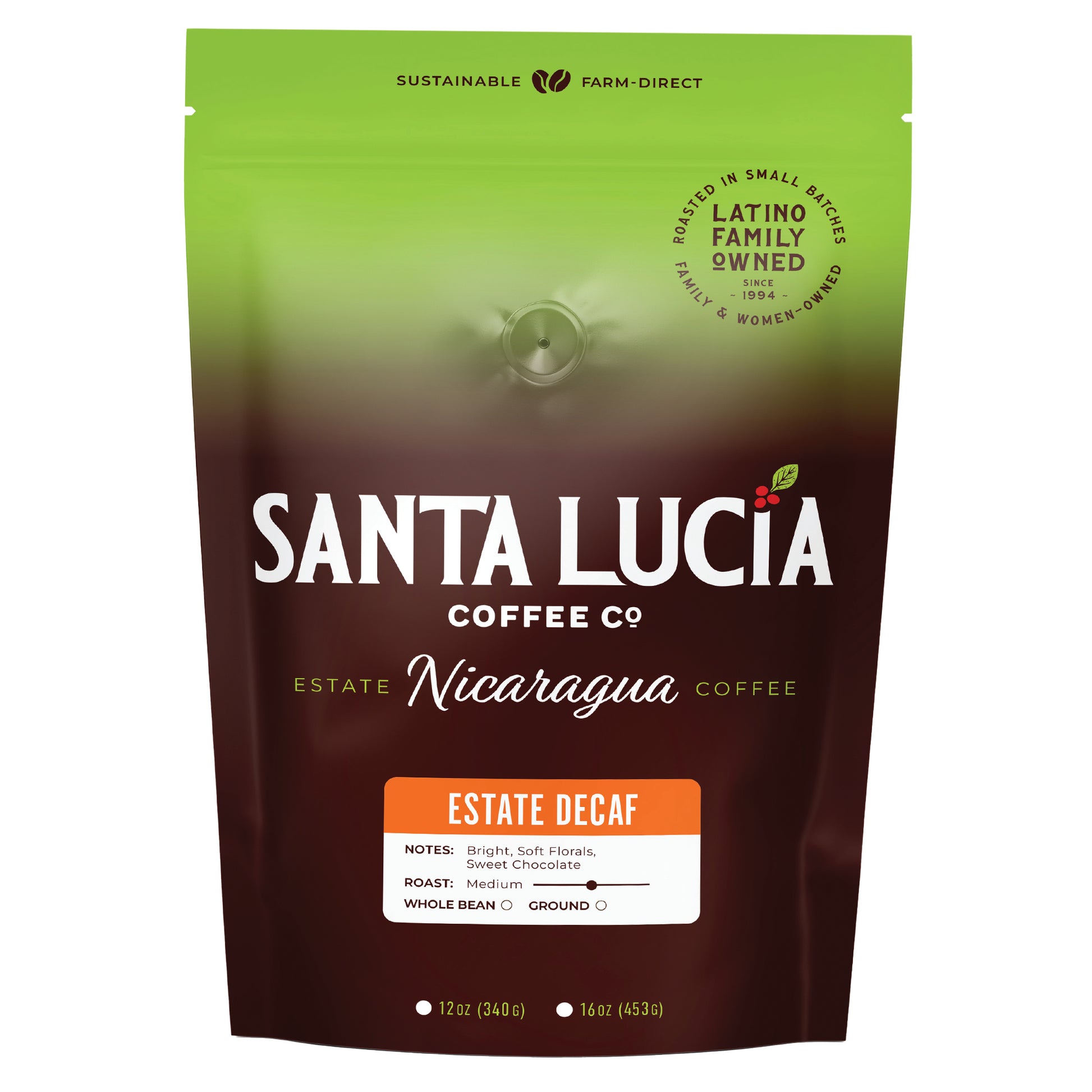 One 16 ounce bag of Santa Lucia Coffee's Premium Single Origin Nicaraguan Decaf Roast Coffee