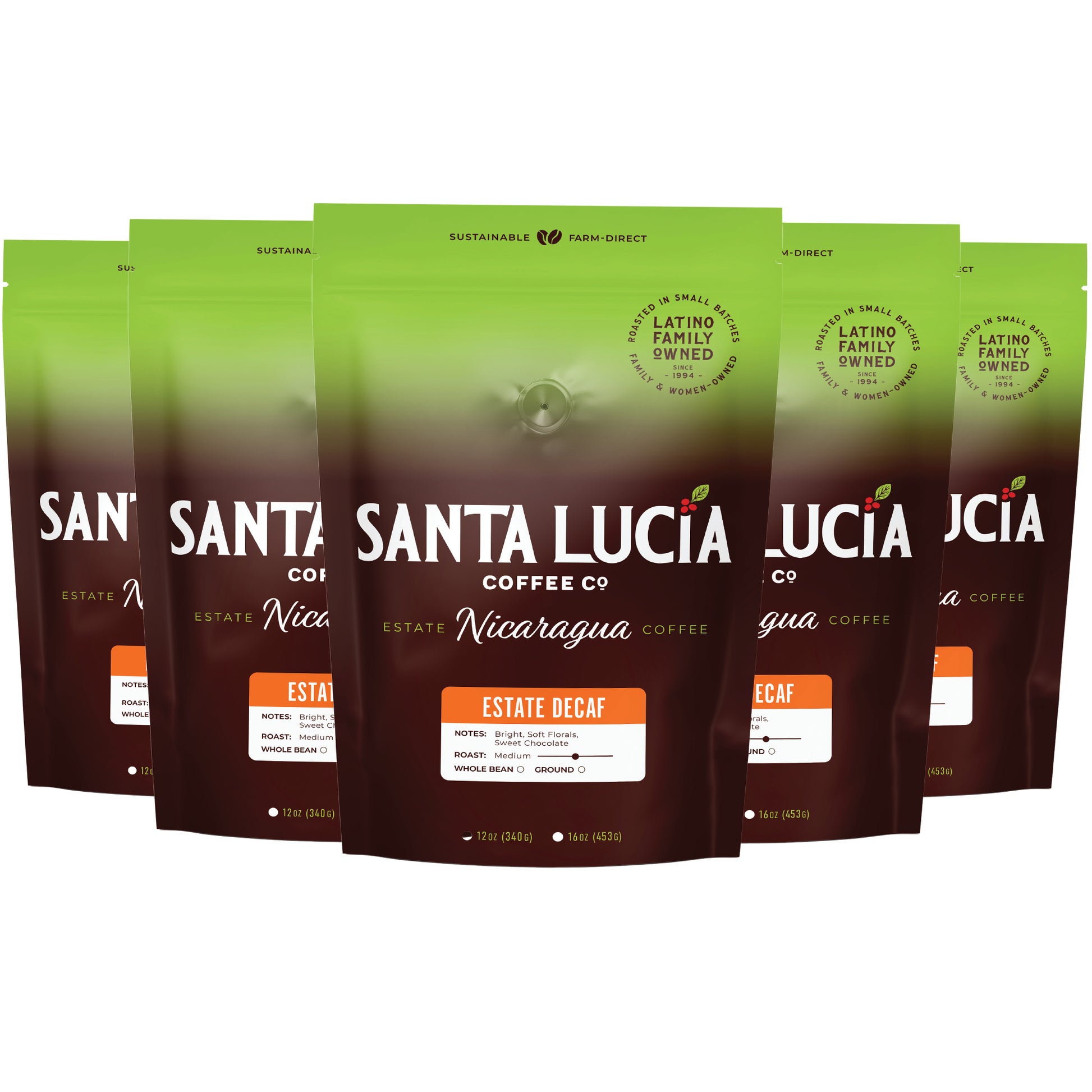 Five 16 ounce bag of Santa Lucia Coffee's Premium Single Origin Nicaraguan Decaf Roast Coffee