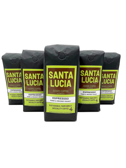 Five 16 ounce bags of Santa Lucia Estate Coffee's Premium Nicaraguan Espresso Roast Coffee