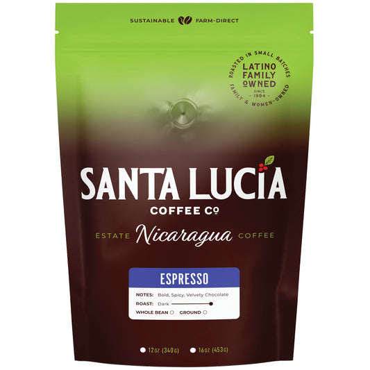 One 16 ounce bag of Santa Lucia Coffee's Premium Single Origin Nicaraguan Espresso Roast Coffee