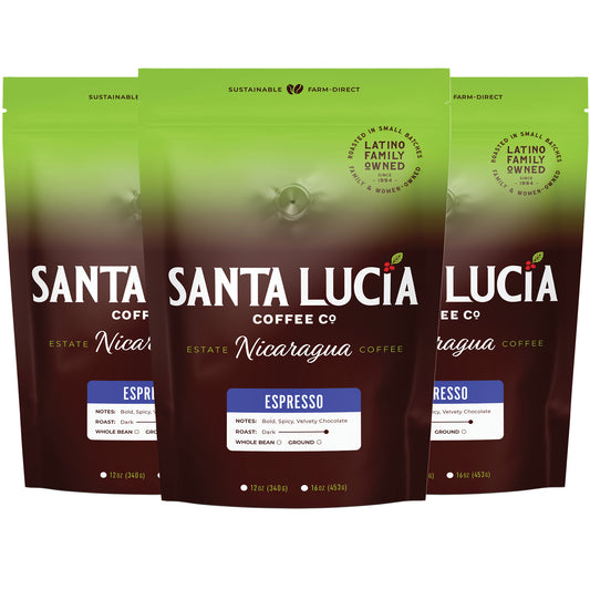 Three 16 ounce bag of Santa Lucia Coffee's Premium Single Origin Nicaraguan Espresso Roast Coffee