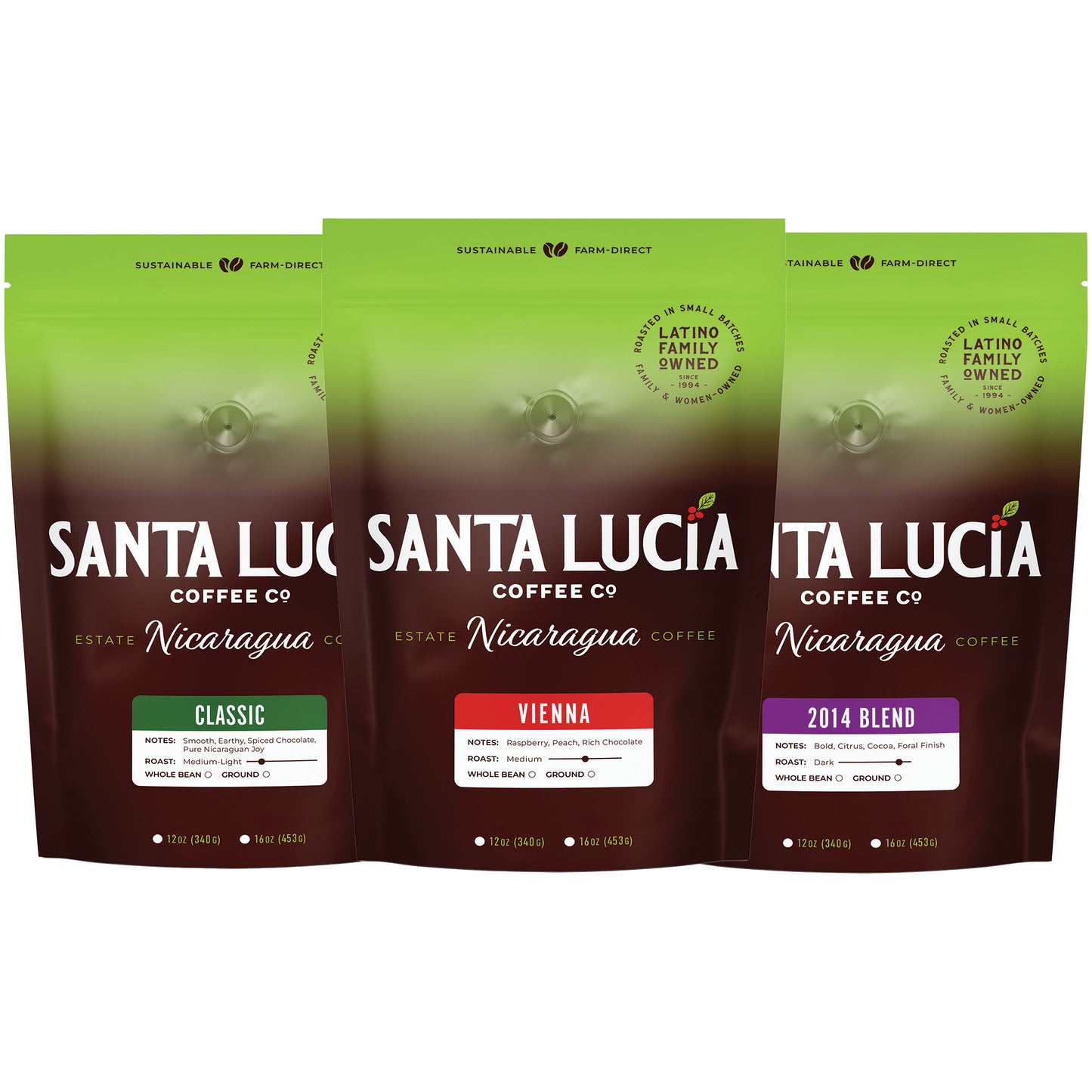 Coffee Sampler - One 16 ounce bag of Santa Lucia Coffee's Premium Single Origin Nicaraguan Classic, Vienna, and 2014 Roast Coffee