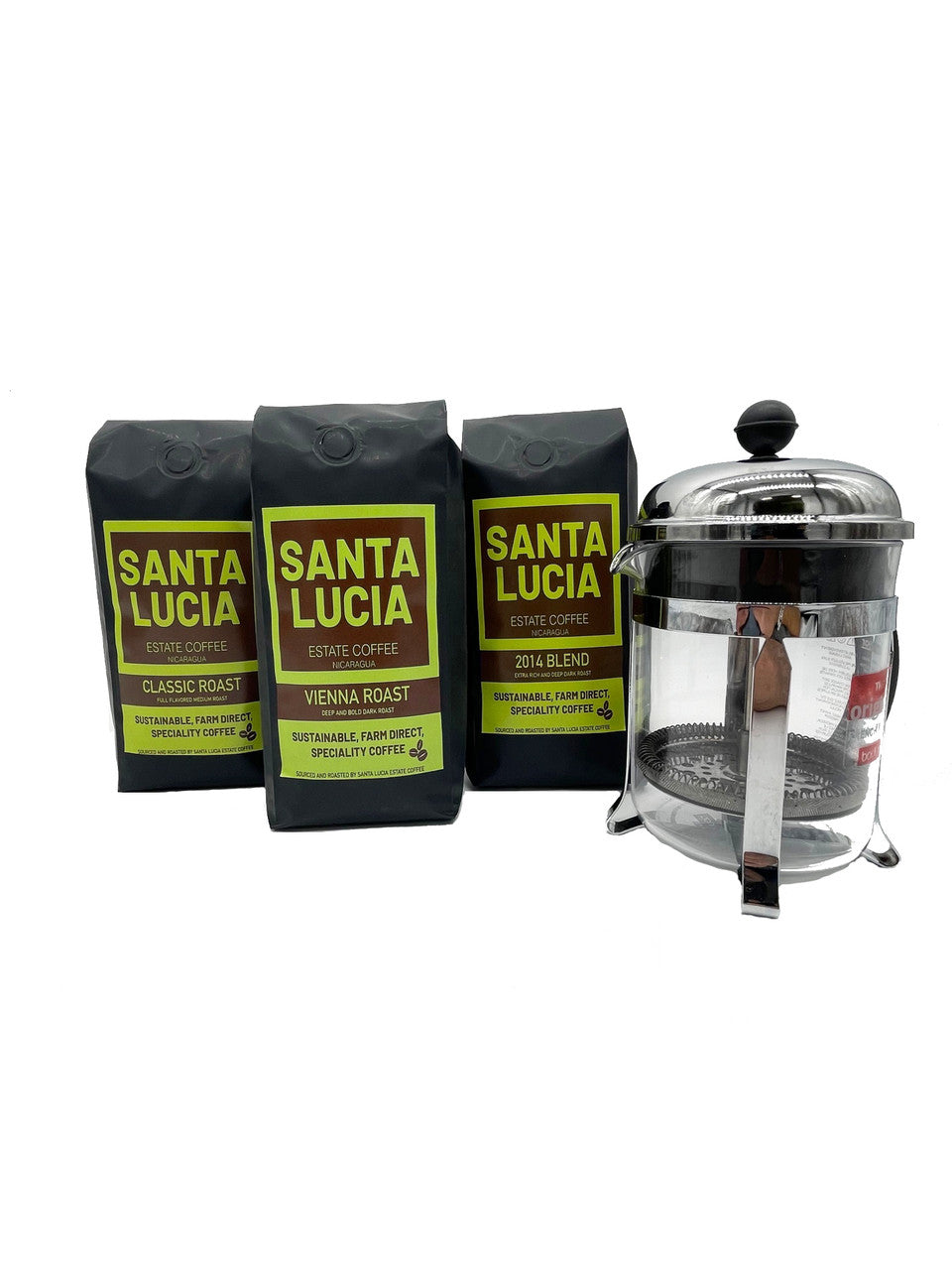 The  Complete Coffee Sampler package along with a premium Bodum French Press. Includes  One 16 oz. of our three Premium Nicaraguan Roasts: Classic, Vienna & 2014 Roast Coffee