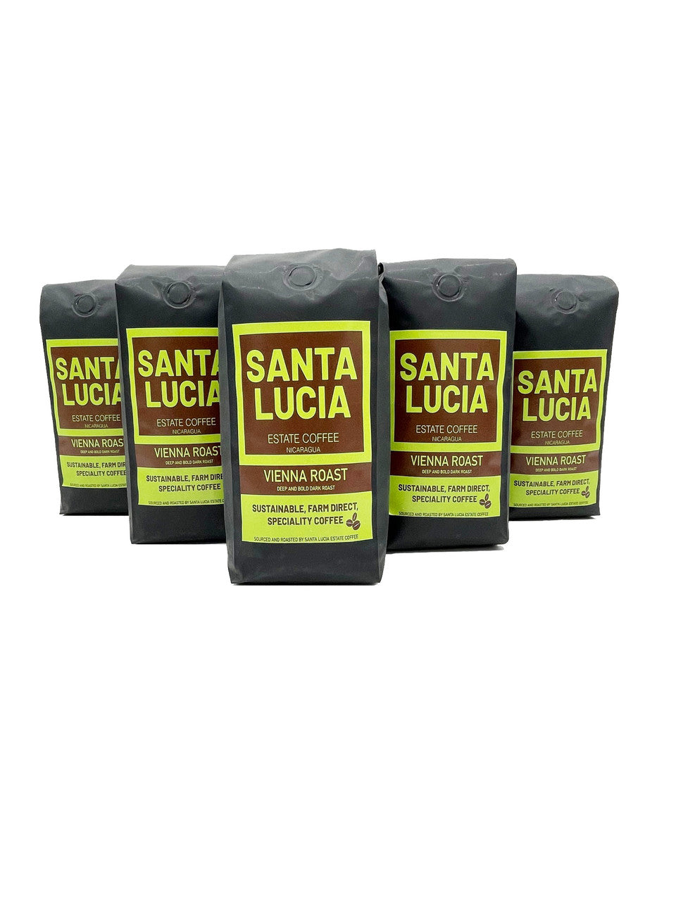 Five 16 ounce bags of Santa Lucia Estate Coffee's Premium Nicaraguan Vienna Roast Coffee