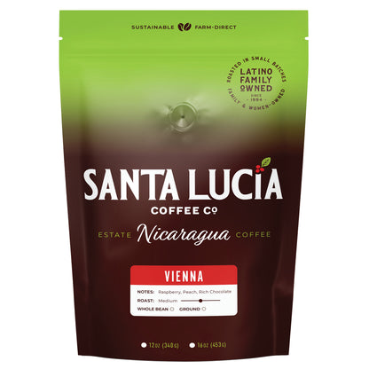 One 16 ounce bag of Santa Lucia Coffee's Premium Single Origin Nicaraguan Vienna Roast Coffee